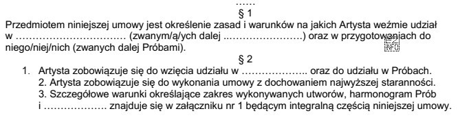 Przestawiony fragment umowy o dzieło został przygotowany do zawarcia