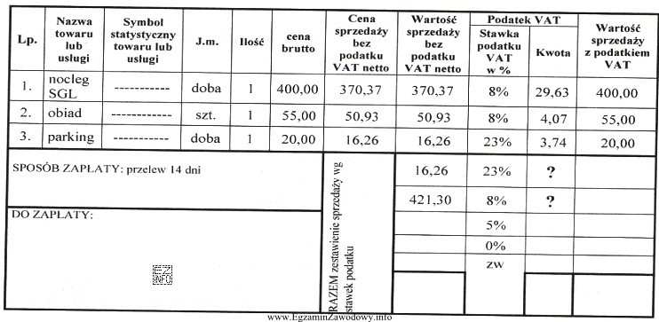 W przedstawionym fragmencie faktury, w miejsce pytajników należy 