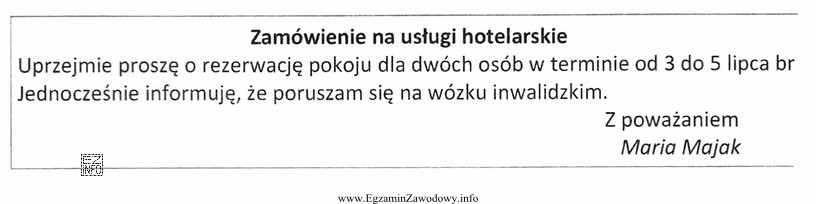 Na podstawie przedstawionego zamówienia na usługi hotelarskie wskaż 