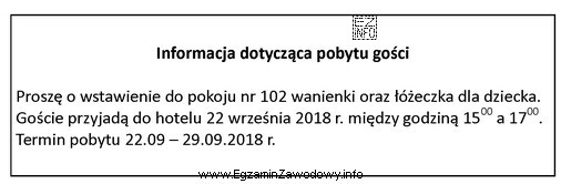 Komu recepcjonista powinien przekazać zamieszczoną w ramce informację dotyczącą 