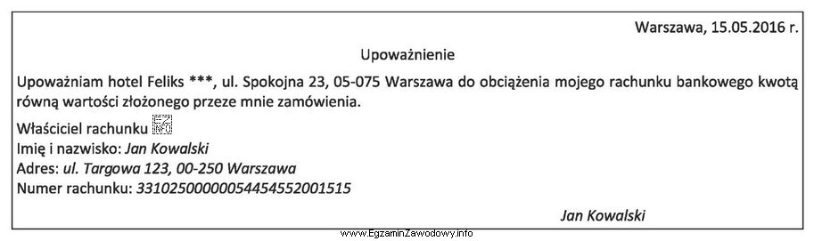 Na podstawie sporządzonego przez gościa upoważnienia okreś