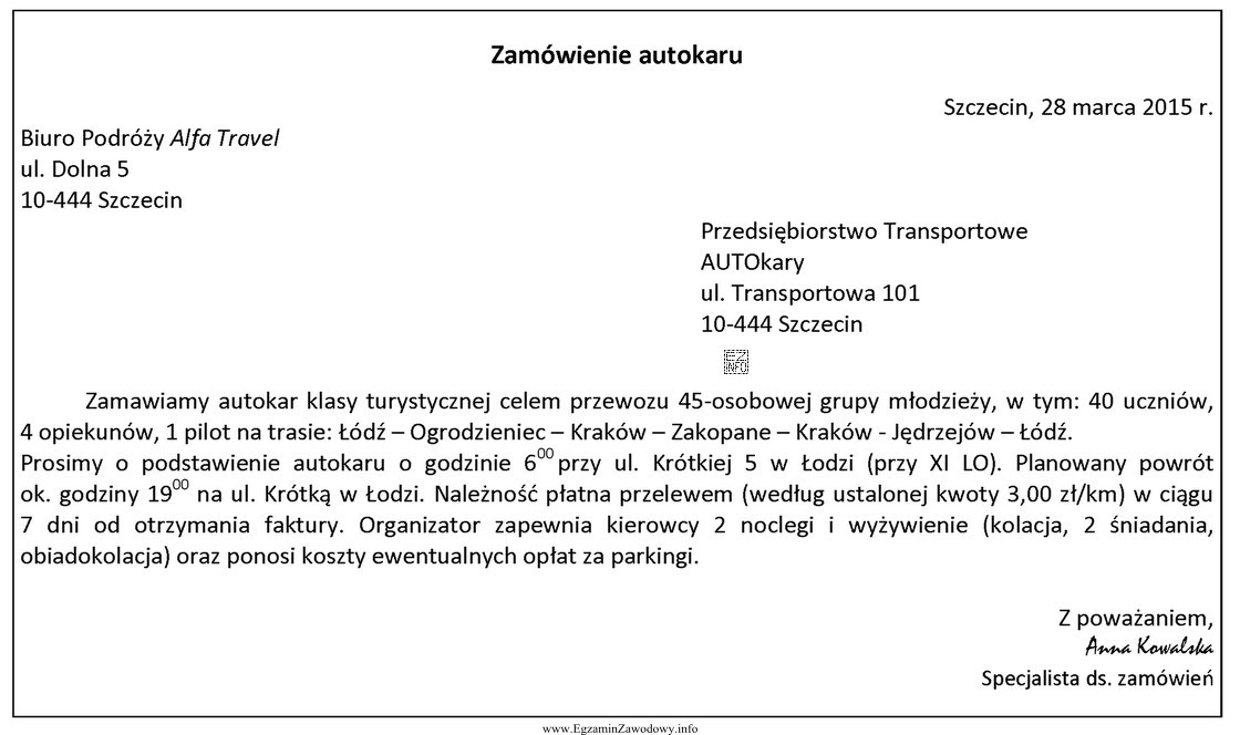 W przedstawionym zamówieniu autokaru nie uwzględniono