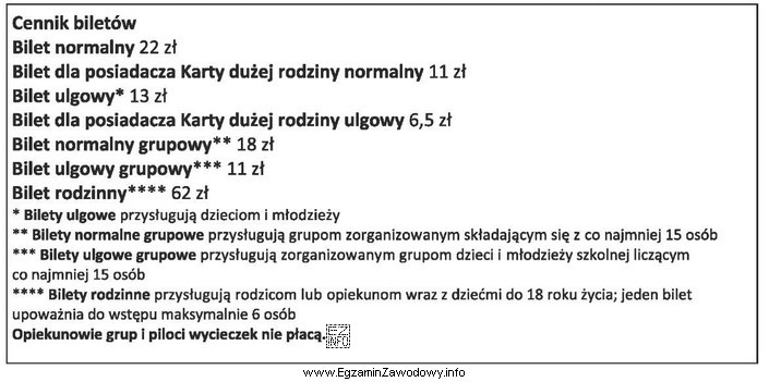 Na podstawie przedstawionego cennika oblicz koszt zakupu biletów do 