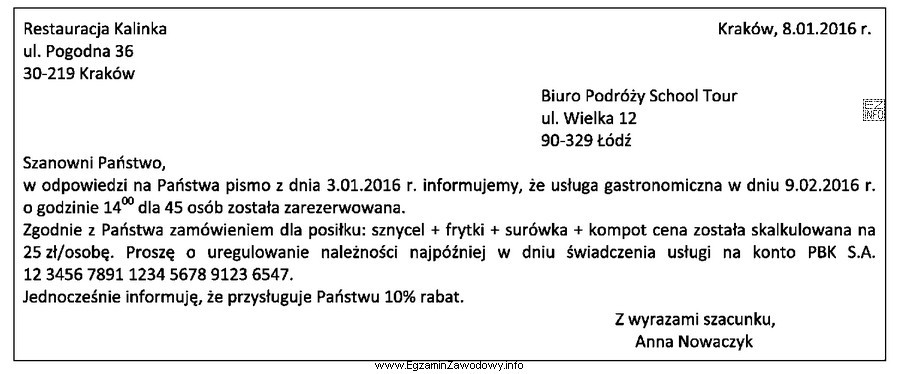 Oblicz koszt usługi gastronomicznej, zgodnie z informacjami w zamieszczonym 