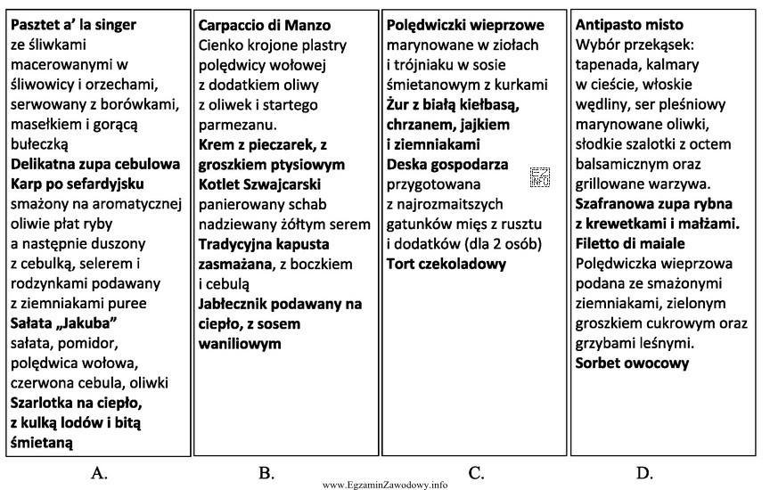 Na podstawie przedstawionych kart menu wskaż restaurację, która zrealizuje 