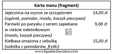 Zamieszczony fragment karty menu jest właściwy dla oferty