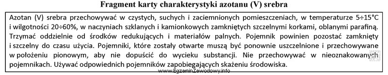 Z analizy karty charakterystyki wynika, że azotan (V) srebra