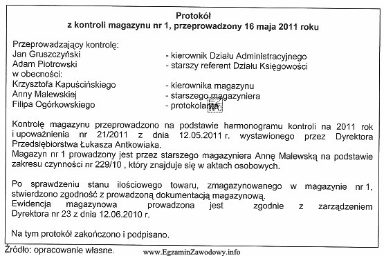 Z treści zamieszczonego protokołu wynika, że magazyn 