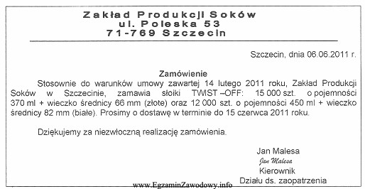 Zakład Produkcji Soków z siedzibą w Szczecinie zł