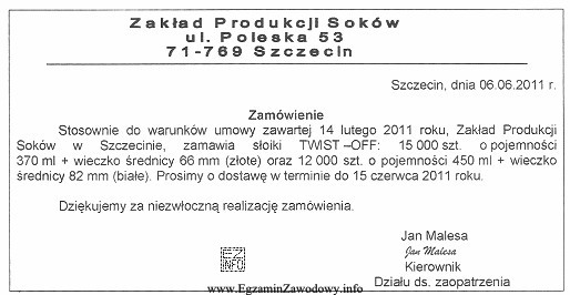 Zakład Produkcji Soków z siedzibą w Szczecinie zł