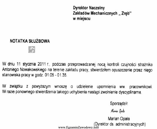 Z notatki służbowej wynika, że