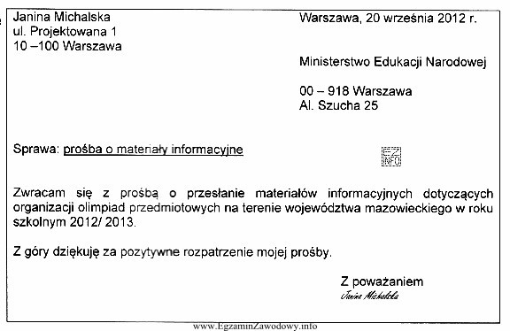 Pismo jest sporządzone w układzie