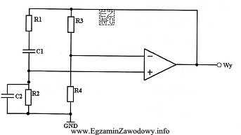 W generatorze z mostkiem Wiena, przedstawionym na rysunku, elementy R1, 