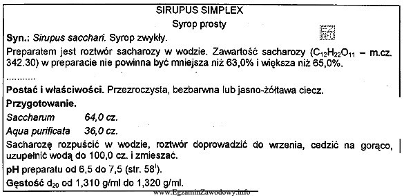 Wykonany zgodnie z monografią farmakopealną Sirupus Simplex