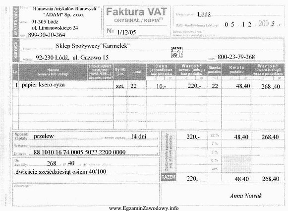 Na podstawie przedstawionej faktury VAT określ sposób zapł