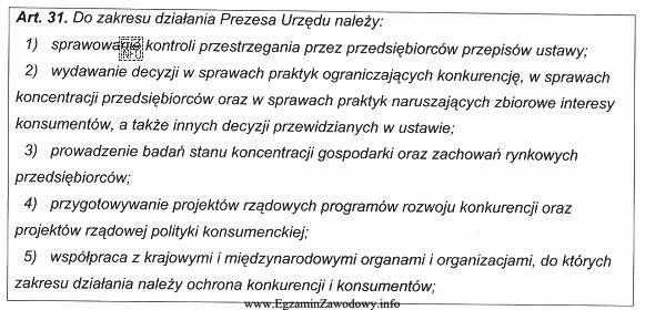 Przedstawiony we fragmencie ustawy zakres działań to kompetencje Prezesa