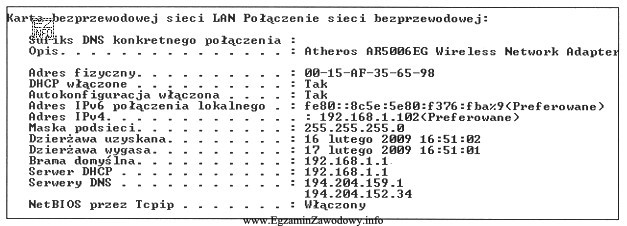 Przedstawiono wynik uzyskany po uruchomieniu w systemie Windows polecenia IPCONFIG /