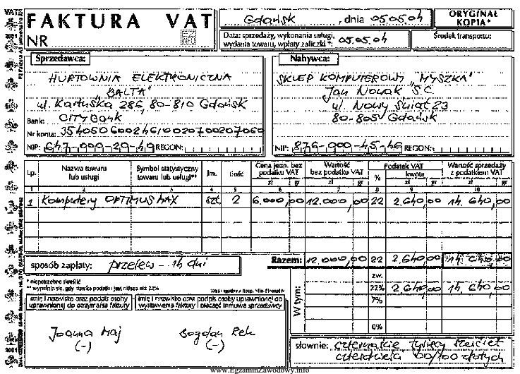 Sklep komputerowy zakupił w hurtowni partie komputerów. Kopia faktury 