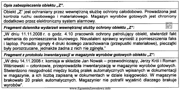 Na podstawie opisu zabezpieczenia obiektu, fragmentu dziennika wydarzeń oraz fragmentu 