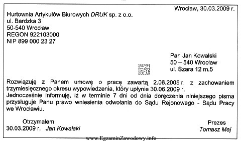 Zamieszczone wypowiedzenie umowy o pracę zawartej na czas nieokreślony 