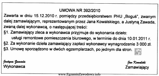 Na podstawie zamieszczonego fragmentu umowy określ, jaka to umowa.