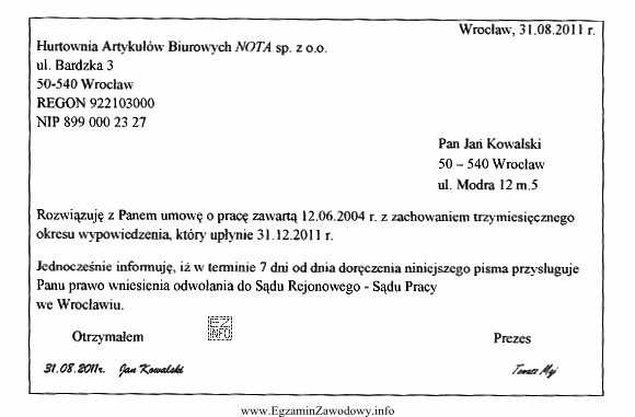 Zamieszczone wypowiedzenie umowy o pracę zawartej na czas nieokreślony 