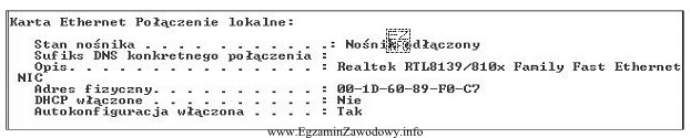 Dla sprawdzenia konfiguracji karty sieciowej komputera użyto polecenia ipconfig /