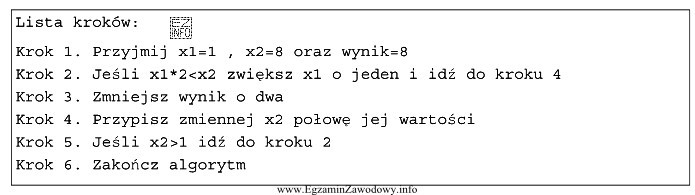 W wyniku realizacji listy kroków zmienna wynik przyjmie wartość