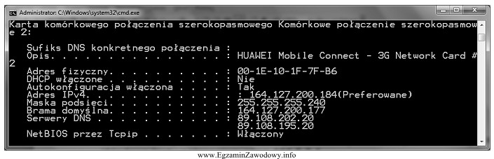 Przedstawiony ekran terminala uzyskano w wyniku wykonania polecenia <b>ipconfig /