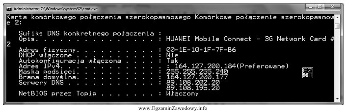 Przedstawiony ekran terminala uzyskano w wyniku wykonania polecenia <b>ipconfig /