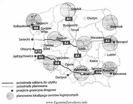 Na mapie przedstawiono proponowaną lokalizację centrów logistycznych w Polsce. 