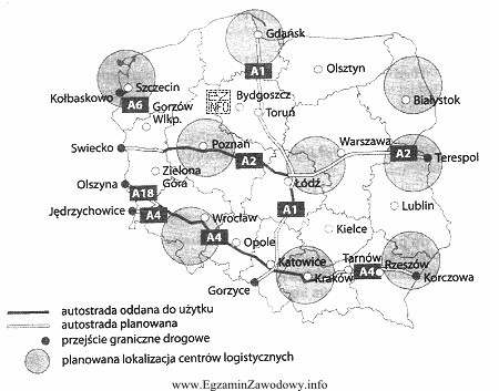 Na mapie przedstawiono proponowaną lokalizację centrów logistycznych w Polsce. 