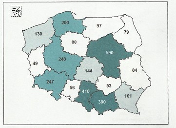 Korzystając z mapy Polski przedstawiającej liczbę biur podróż