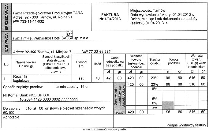 W dniu 1.04.2013 r. wystawiono fakturę sprzedaży Nr 1/04/2013. Zgodnie z 