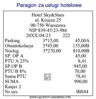 Z zamieszczonego paragonu za usługi hotelowe wynika, że wartość 