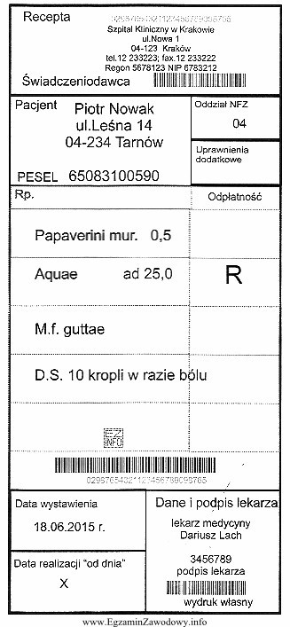 Pacjent dostarczył zamieszczoną receptę do apteki 19.06.2015 r. o godzinie 14.40. Lek 