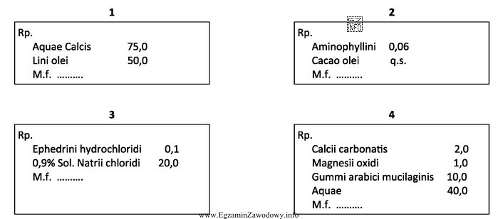 Leki recepturowe 1, 2, 3, 4 powinny być sporządzone odpowiednio w postaci: