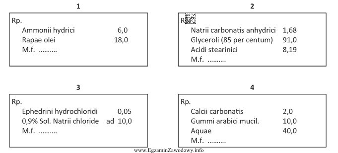 Leki recepturowe 1,2,3,4 powinny być sporządzone odpowiednio w postaci: