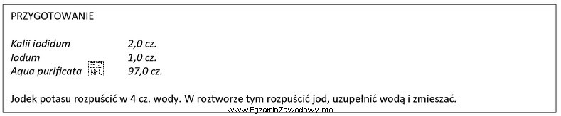 W celu przygotowania 20,0 g płynu Lugola zgodnie z zamieszczonym 