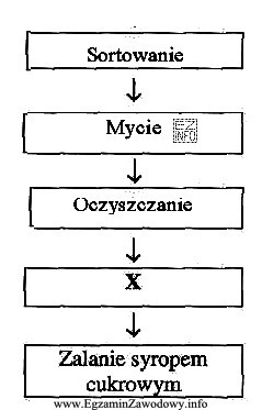 Schemat przedstawia fragment procesu technologicznego produkcji owoców w syropie. 