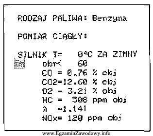 Z zamieszczonego obok wydruku z analizy spalin pojazdu wynika, że 