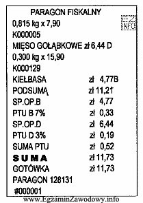 Korzystając z zamieszczonego fragmentu paragonu kasy fiskalnej, wskaż łączną 