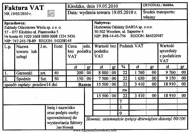 Na podstawie zamieszczonej faktury VAT wskaż kwotę, jaką należy 